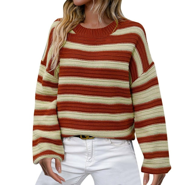 PMUYBHF Female Oversized Sweaters for Women Trendy Autumn and Winter New  Striped Sweater Plus Size Women's Knitted Round Neck Pullover Sweater Women  M 