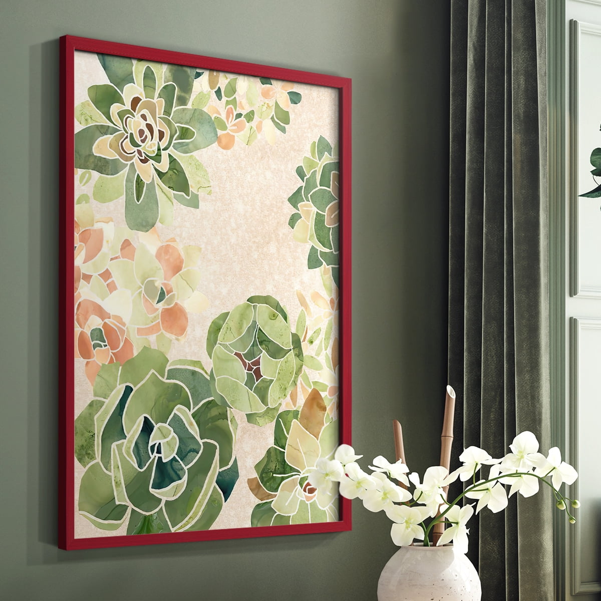 Stained Glass Succulents I Framed Print in Red Solid Wood Framed Print No Nail Hanging