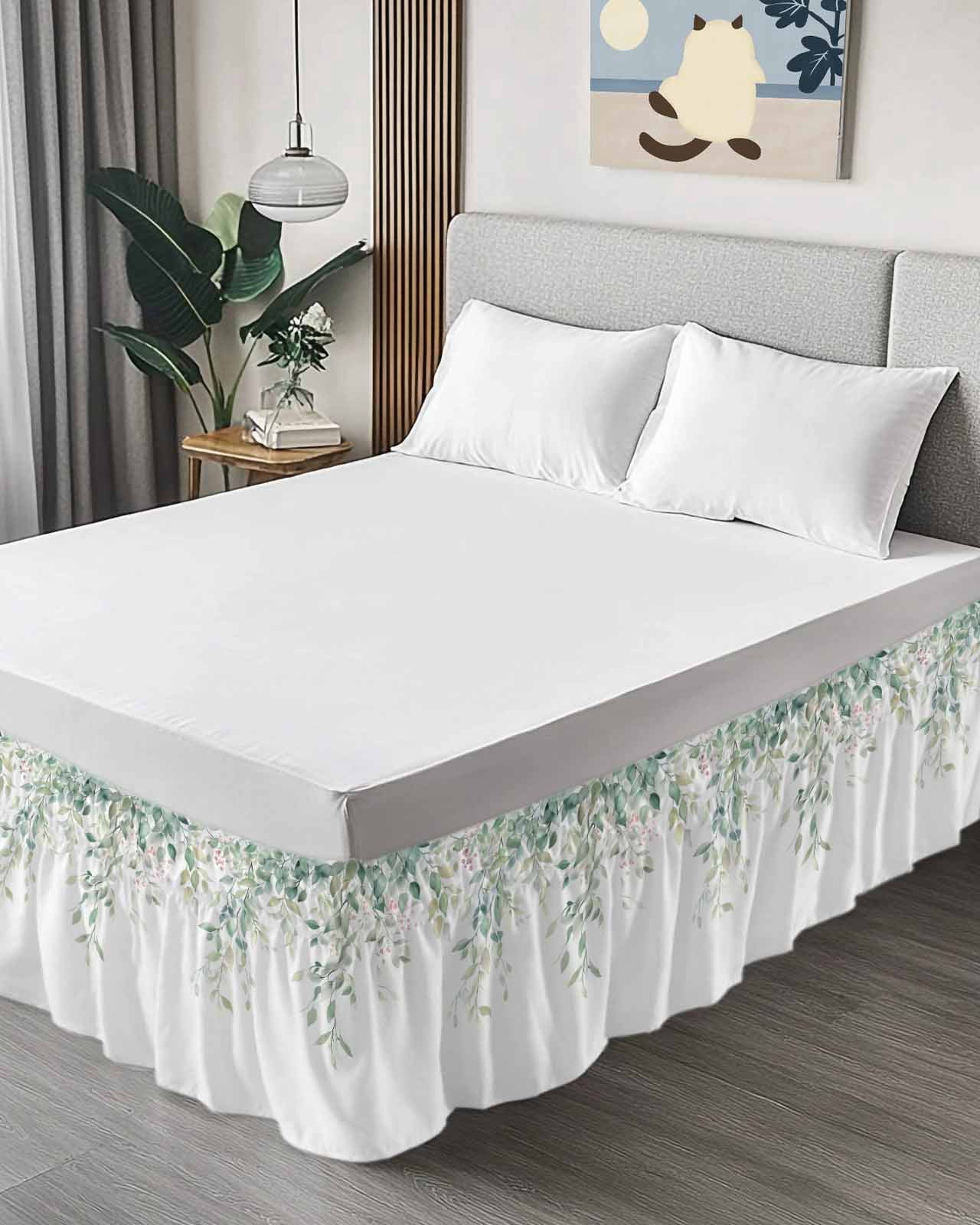 Eucalyptus Leaves Bed Skirt Queen Size, Sage Green Botanical Spring Summer Wrap Around Bed Skirting with Adjustable Elastic Strap, Dust Ruffle Pleated Bedskirts 16 Inch Drop for Bedroom Queen Beds