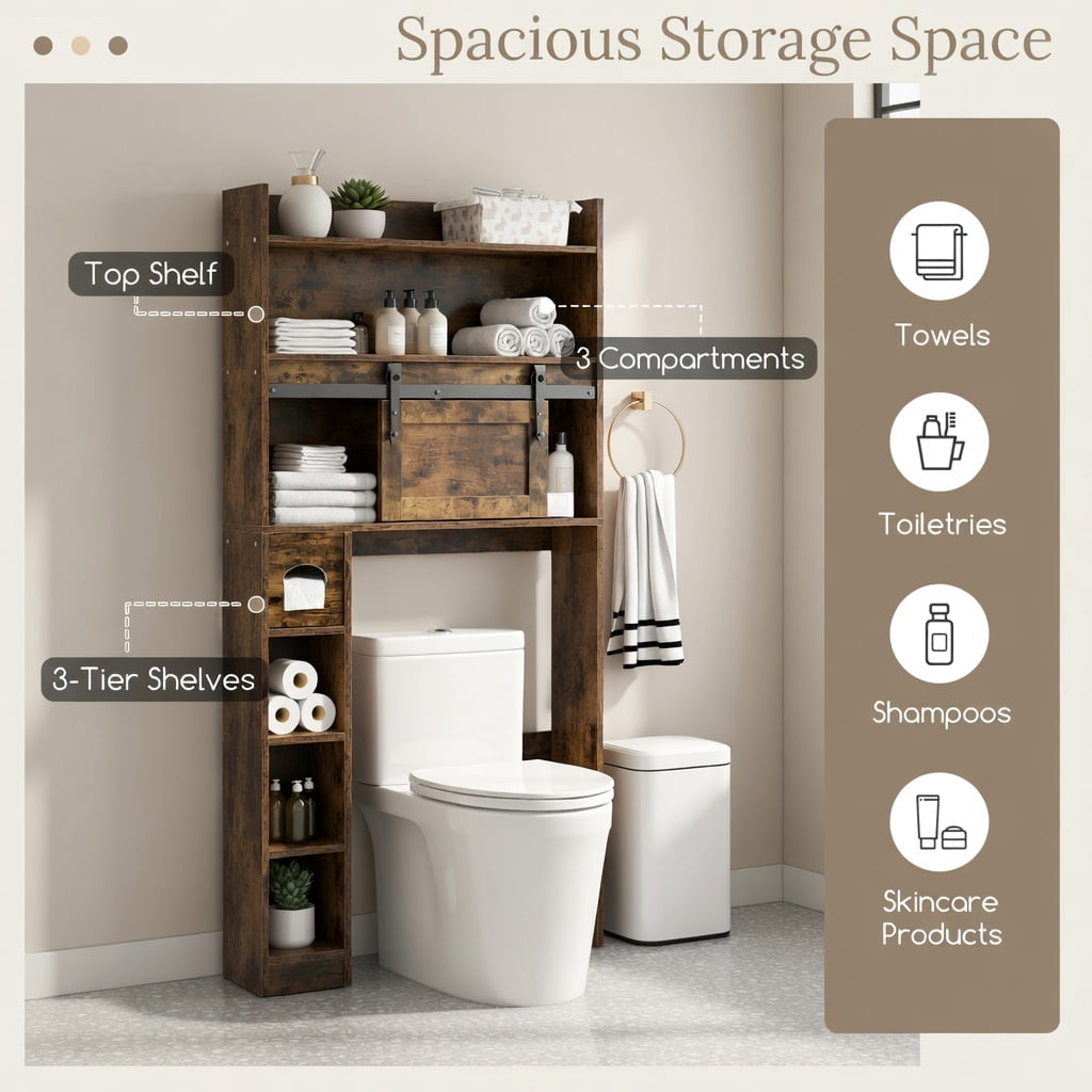 Hommoo Over-the-Toilet Storage Cabinet with Sliding Barn Door, Adjustable Shelves Bathroom Organizer for Small Spaces, Rustic Brown