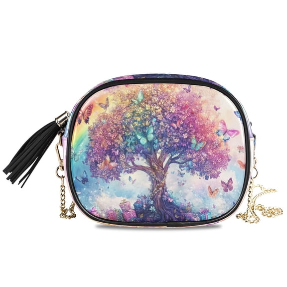Womens Casual Chain Shoulder Bag Simple style Colorful Tree with Butterflies Crossbody Bag
