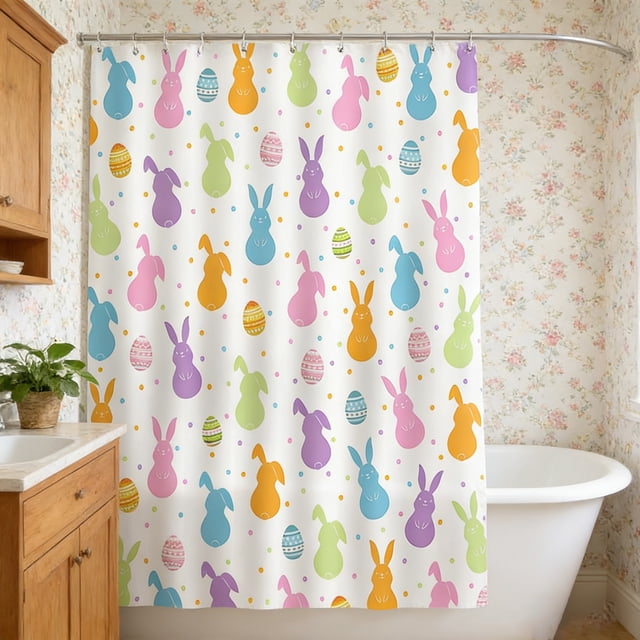 EGNMCR Rideau de Douche de Pâques Adorable Lapin Oeufs de Pâques Imperméable et Anti-Moisissure Rideau de Douche en Polyester