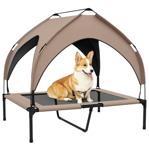 PawHut Lit Surélevé pour Chien, Lit de Camp Rafraîchissant avec Auvent, pour m L Café