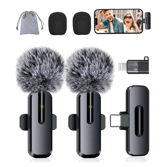 Wireless Mini Microphone for iPhone - 2 Pack Lavalier bluetooth Microphone for Video Recording, 2 In 1 Noise Reduction Lapel Mic for Android, Clip on Mini Mic for Content Creators