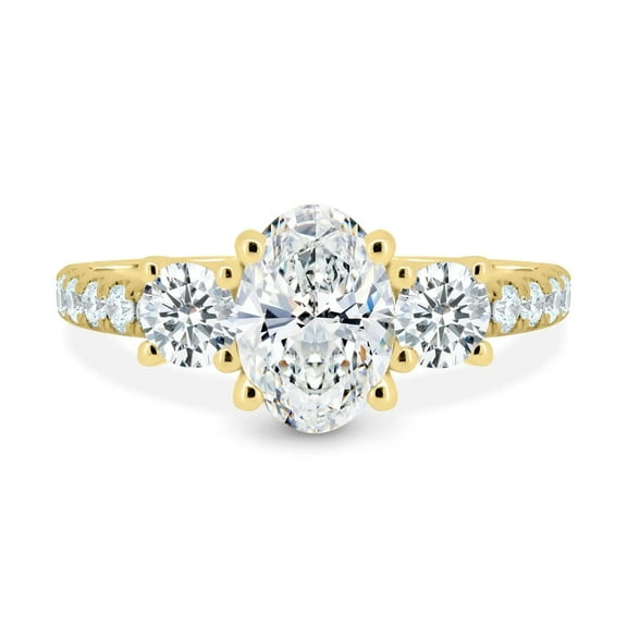 Oval 3 Stone Half-Pave Moissanite Engagement Ring, 2.00 Carat, Gold Plated Size- (5 - 13) Available
