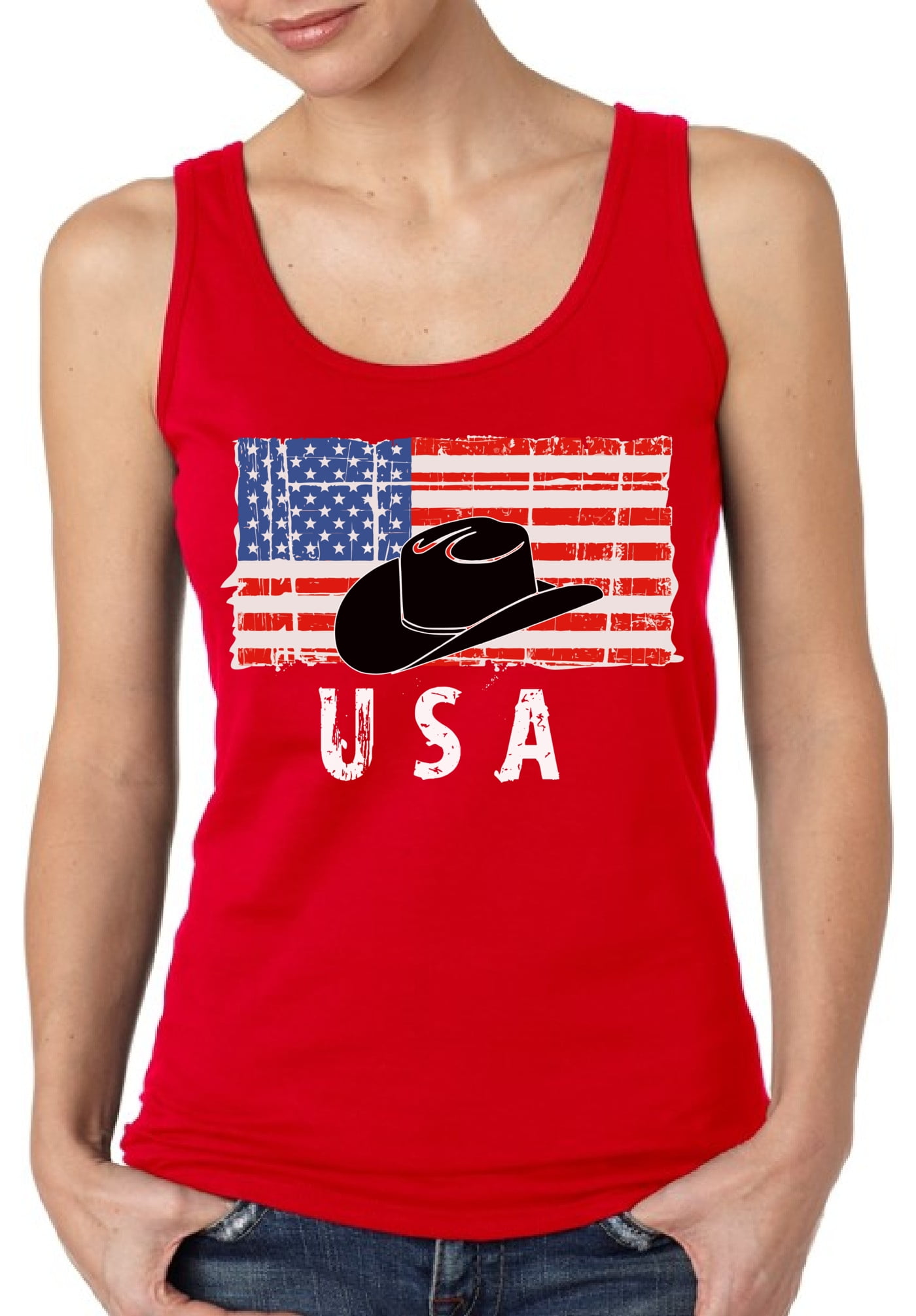 Happy Independence Day Tank Top for Women 4th of July Cowboy Hat USA