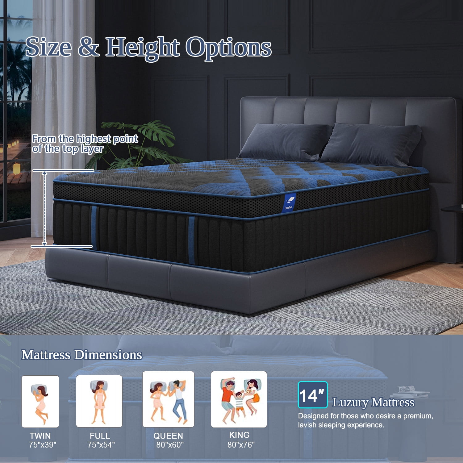 COLETEX Twin Size Mattress 14inch Hybrid Mattress in a Box Medium Firm with Gel Memory Foam Pocket Spring for Pressure Relief,Adult,Black