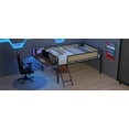 thumbnail image 3 of Full Size Metal Loft Gaming Bed with Desk and LED Lights,Modern Steel Loft Bed Frame with Inclined Ladder and Safety Guardrail，Storage Shelves, Woven Rattan，No Box Spring Needed，Black+Brown, 3 of 7