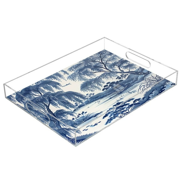 Acrylic Tray 15.7*11.8*1.9 Inch Transparent Tray Food Tray Tea Cup Tray Serving Trays Cosmetics Storage Kitchen Table Bathroom Sundry Storage Blue Willow
