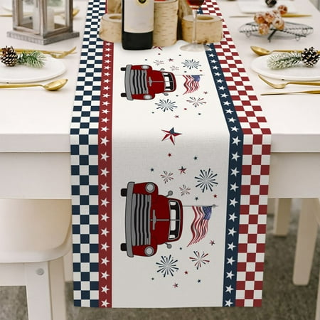 

4th of July Patriotic Table Runner 13 x 72 Inches Long Gingham Red White Blue Buffalo Plaid Stars Tablecloth for American USA Flag Independence Day Memorial Day Veterans Day Home Decor