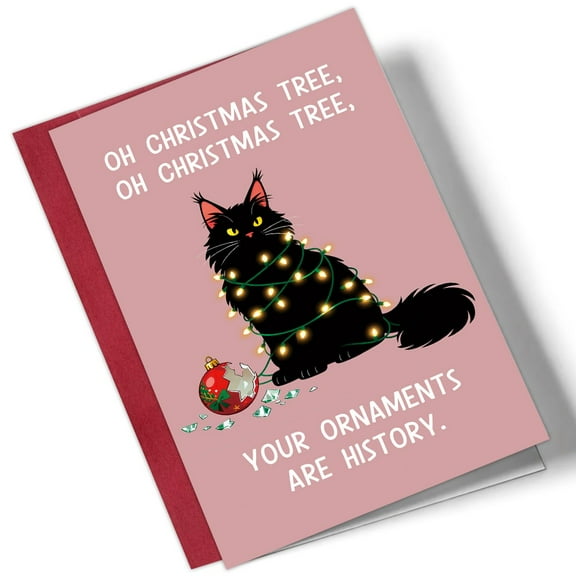 Funny Christmas Card featuring Playful Cat with Lights – “Oh Christmas Tree” Design – Blank Inside for Personal Messages – Perfect Holiday Greeting Card for Pet Lovers