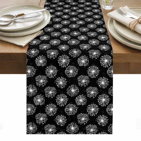 Black White Dandelion Table Runner - 36 Inch Long, Kitchen Dining Table Runner Dresser Scarves, Farmhouse Botanical Blossom Farmhouse Decor for Coffee Tables Wedding Party Banquet