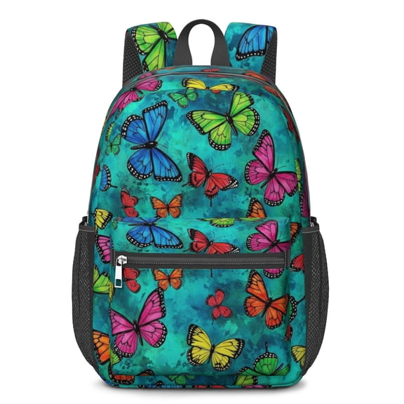 Butterfly and Multicolor Teal Pattern 17" School Backpacks for Teens,Waterproof Oxford Fabric,S-Shape Padded Straps for School,Travel,Hiking,Camping