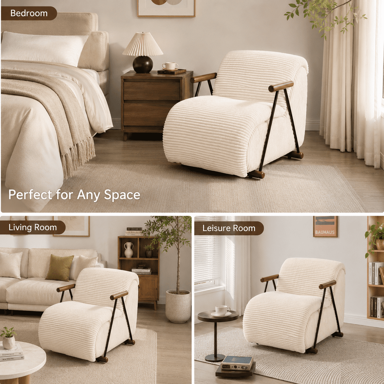 MOONMISS Corduroy Accent Chair, Upholstered Lounge Armchair with Solid Wood Armrests & Minimalist Metal Frame for Living Room, Bedroom,Beige