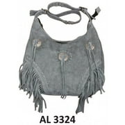 Ladies Fashion Motorcycle Heavy Duty Western Style Gray Suede Leather Handbag With Fringe & 3 Conchos