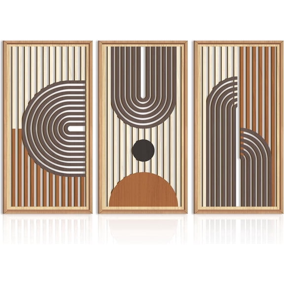 Large Mid Century Modern Wall Art Framed Abstract Geometric Wall Art Set of 3 Wood Boho Wall Decor for Living Room Bedroom Office 16 x32 Inch