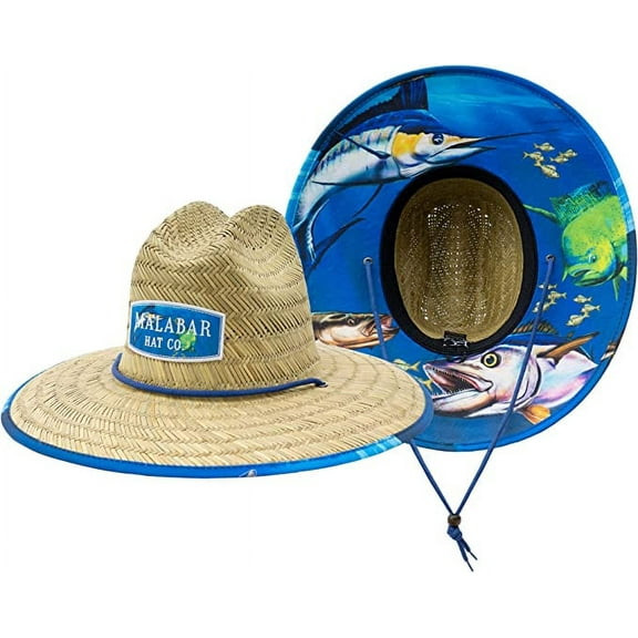 Malabar Lifeguard Straw Sun Hat - UPF 50 Protection, Printed Under Brim Pattern, Adjustable Drawstring, Unisex