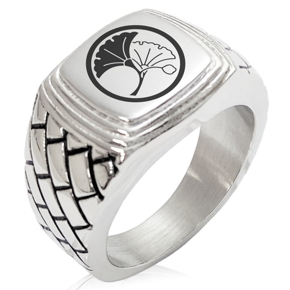 Stainless Steel Yin Yang Ginkgo Leaves Kamon Crest Geometric Pattern Step-Down Biker Style Polished Ring