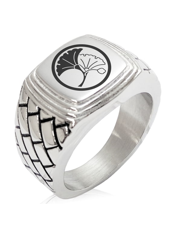 Stainless Steel Yin Yang Ginkgo Leaves Kamon Crest Geometric Pattern Step-Down Biker Style Polished Ring