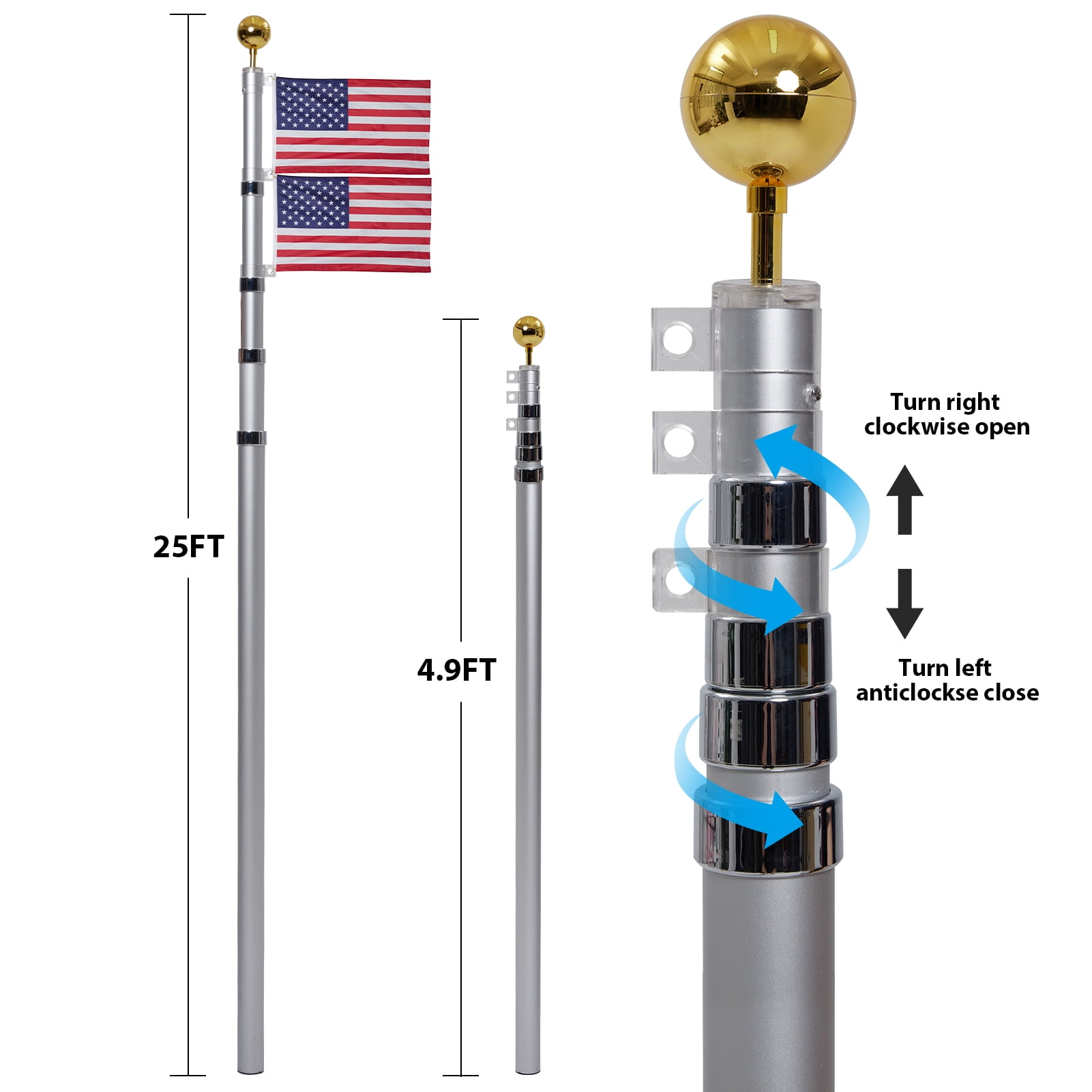 Garden Flag Poles 360 Degree Rotation Aluminum Alloy Outdoor Telescopic Flagpole for Commercial