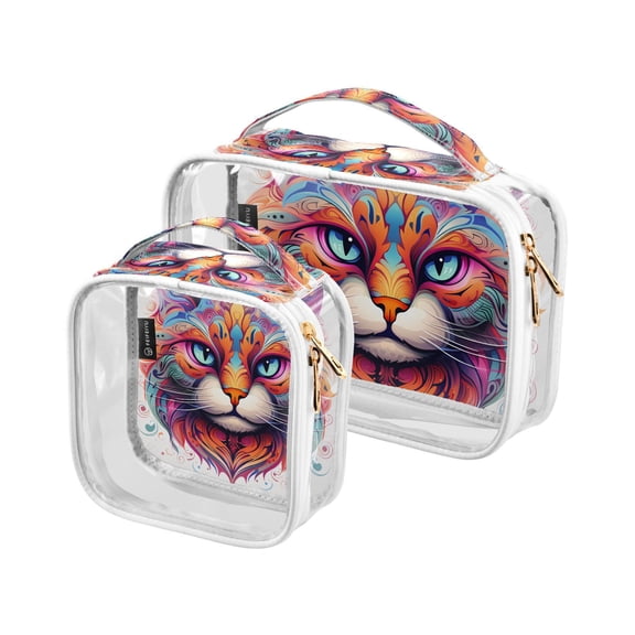Cat Head Colorful Clear Cosmetic Bags with Handles PVC Toiletry Bags Zipper Waterproof Portable for Traveling 2 Pcs