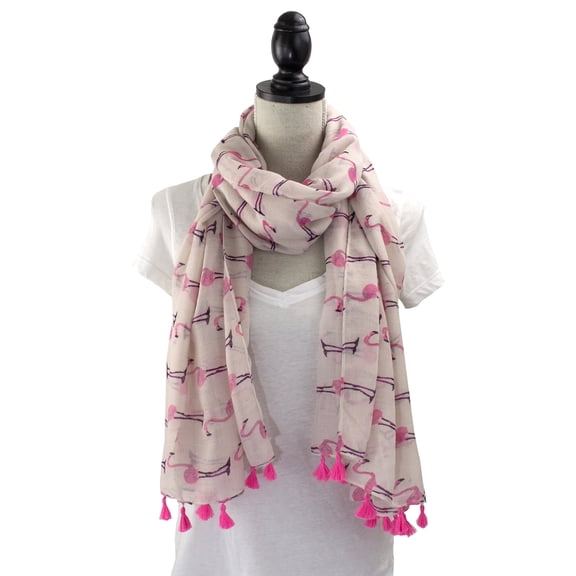 Womens Flamingo Print Tassels Oblong Cotton Scarf Lightweight Shawls (Pink)