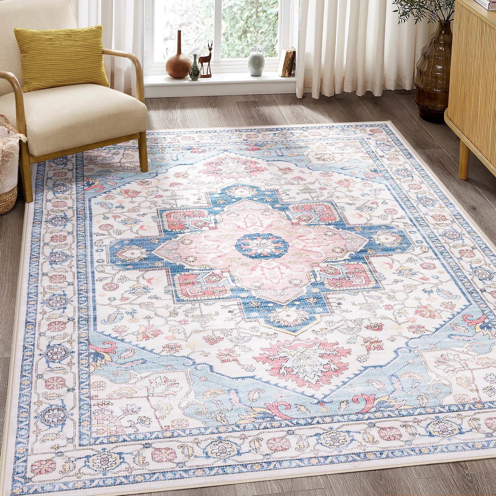 6x9 Area Rug Living Room Rugs - Washable Boho Rug Vintage Oriental Distressed Farmhouse Large Thin Indoor Carpet for Living Room Bedroom Under Dining Table Home Office-PinkBlue