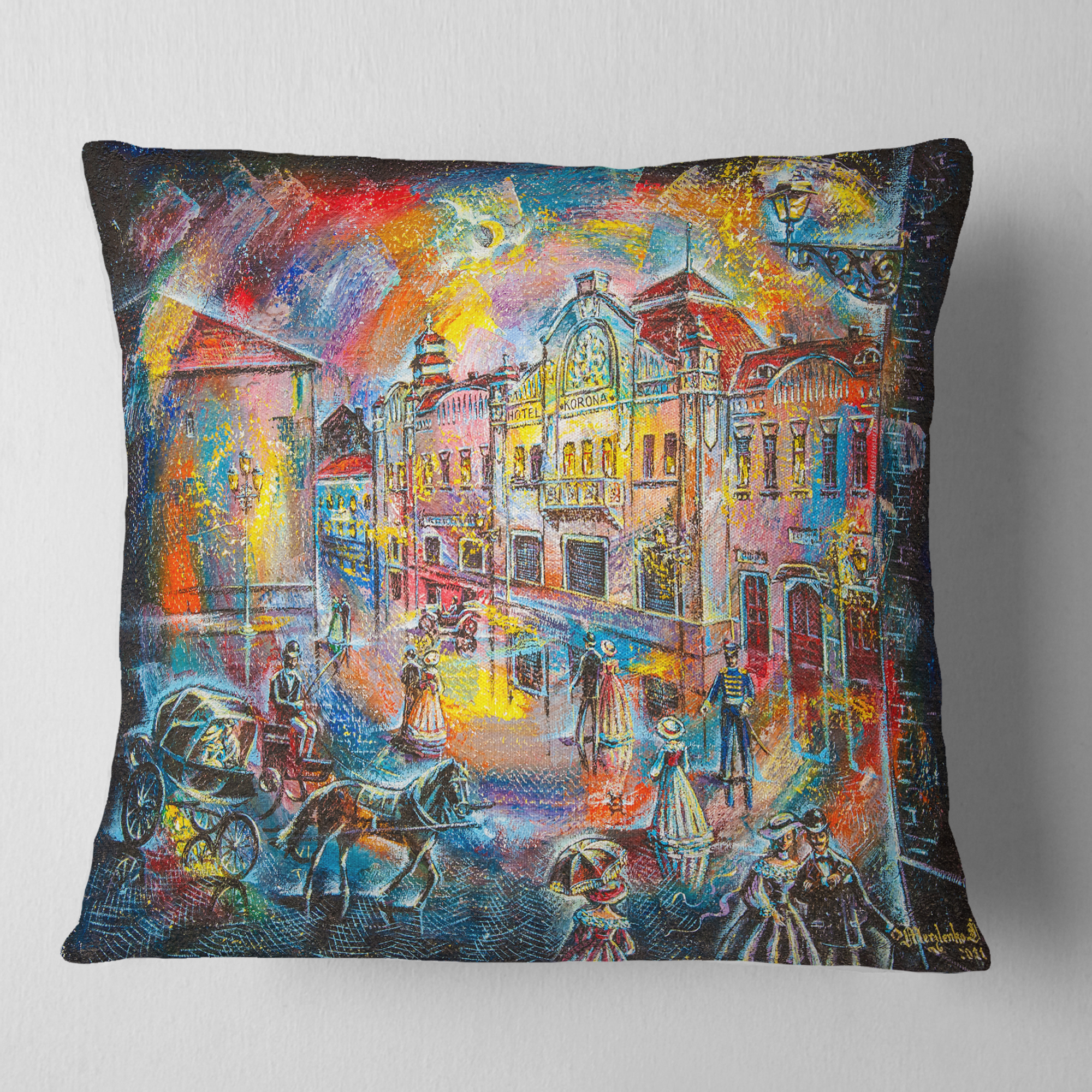 Designart Night City with People - Cityscape Throw Pillow - 18x18