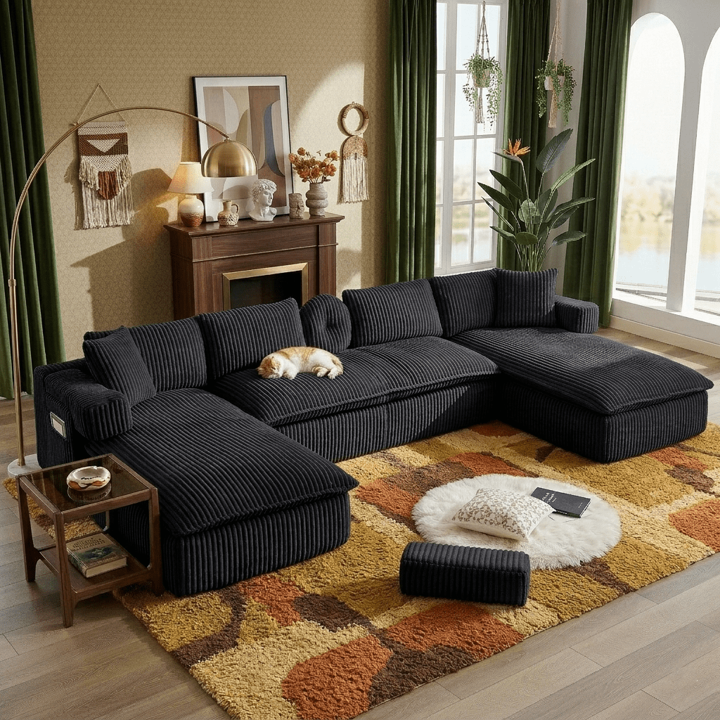 Howcool 149"W Oversized Modular Sectional Sofa,7-in-1 Corduroy U Shaped Sofa Couch with Double Chaise Lounge,Convertible Sleeper Sofa Bed,Deep Seat Cloud Couch for Living Room,Black