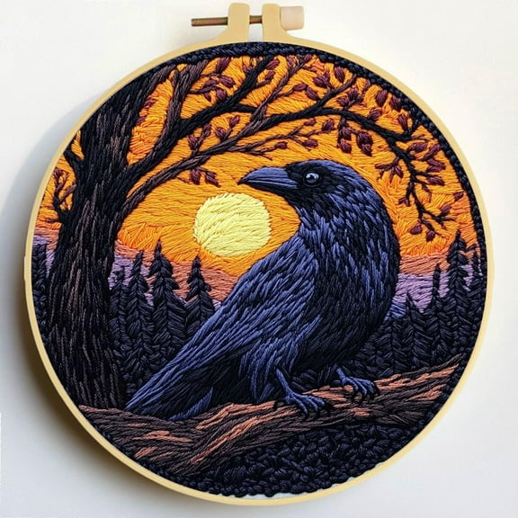 Punch Needle Kits A Raven under Sunset Embroidery Starter Set with Hoop Easy for Beginners DIY Stress Relief Handmade Craft Hobby and Home Decor 20x20cm-8