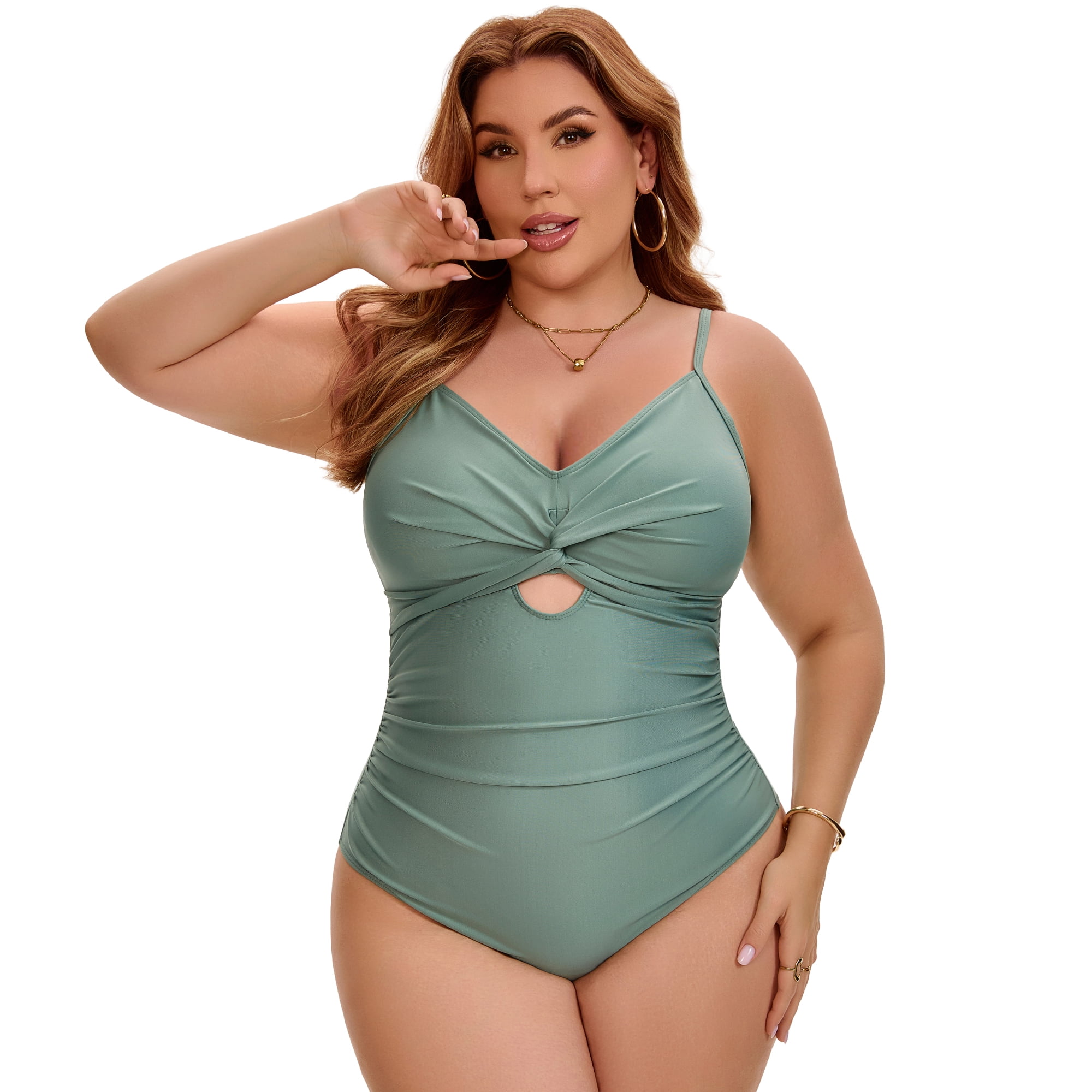 DARING DIVA Women's Plus 1 Piece Tummy Control Cutout High Swimsuit 4X Army Green
