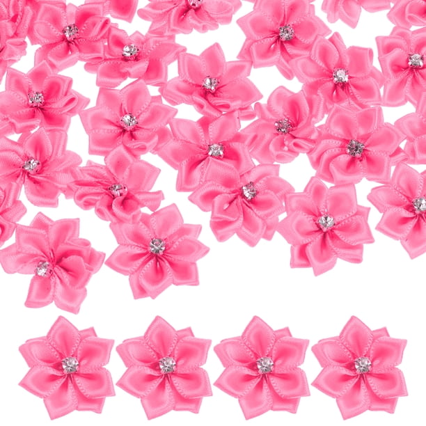 Uxcell 100-Pack Flores de Cinta de Satén, Flores de Tela Mini de 1.2 Pulgadas con Strass para Manualidades y Proyectos de Bricolaje Rojo Melocotón