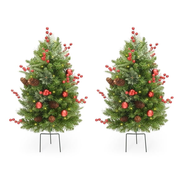OasisCraft 3ft Pre-Lit Christmas Tree Set of 2, LED Porch Decorations, 260 Branch Tips Lush, Pine Cones