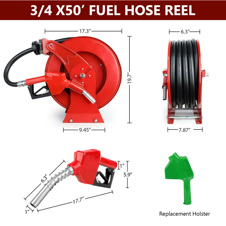 Fitnet Diesel Fuel Hose Reel Retractable 3/4 inch x 50' Spring Driven Auto Swivel 300 psi, Size: 3/4 x 50', Red