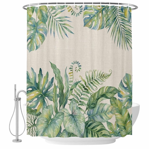 Tropical Botanical Shower Curtain Set - Small 36" x 72" Washable Bathtub Curtain with 12 Hooks, Watercolor Green Monstera Palm Leaves Beige Waterproof Fabric Stall Shower Curtains for Bathroom Décor