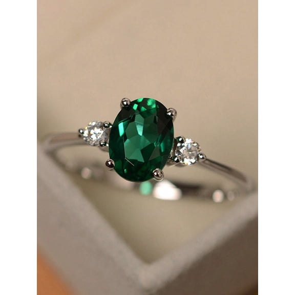 Elegant Green Cubic Zirconia Promise Ring With Silvertone Setting And Side Stones