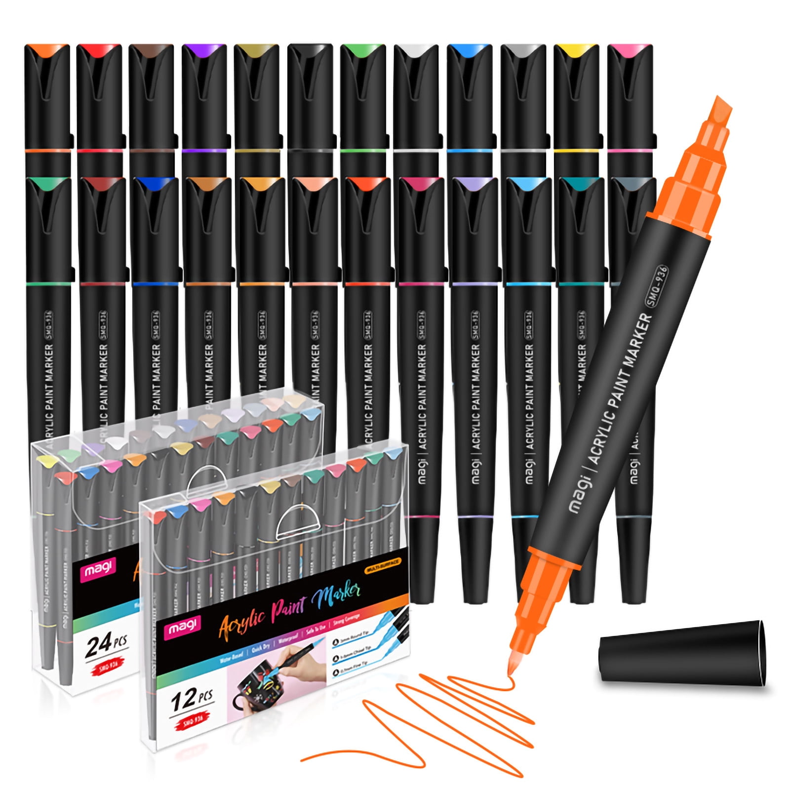 Acrylic Paint Markers Paint Pens 12/24 Colors 2-3mm Medium Tip Paint Markers for Fabric, Canvas, Rock, Glass, Wood, Plastic, DIY Crafts Art Supplies