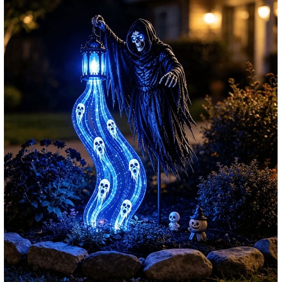 Halloween Soul Harvester Animated Garden Light,Solar Powered Glowing Flowing Blue Ghost Spirit Lantern with Ground Stake, Waterproof Outdoor Decor for Front Yard