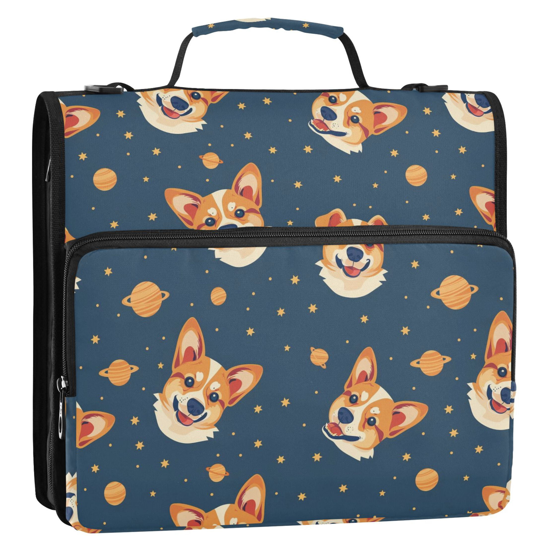 3 Ring Zipper Binder with Shoulder Strap Waterproof Trapper Keeper 2 Inch D-Ring 500 Sheets Capacity Corgi Dog and Planet