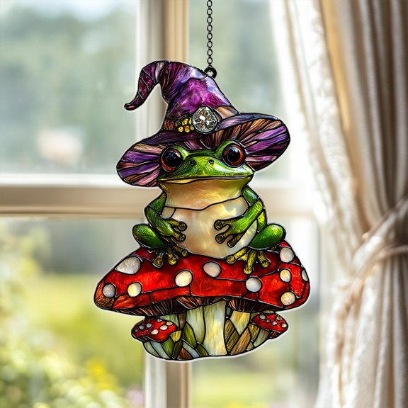 Witch Frog Acrylic Suncatcher, Faux Stained Glass Toadstool Frog Window Hanging, Cottagecore Frog Decor, Whimsical Animal Decor