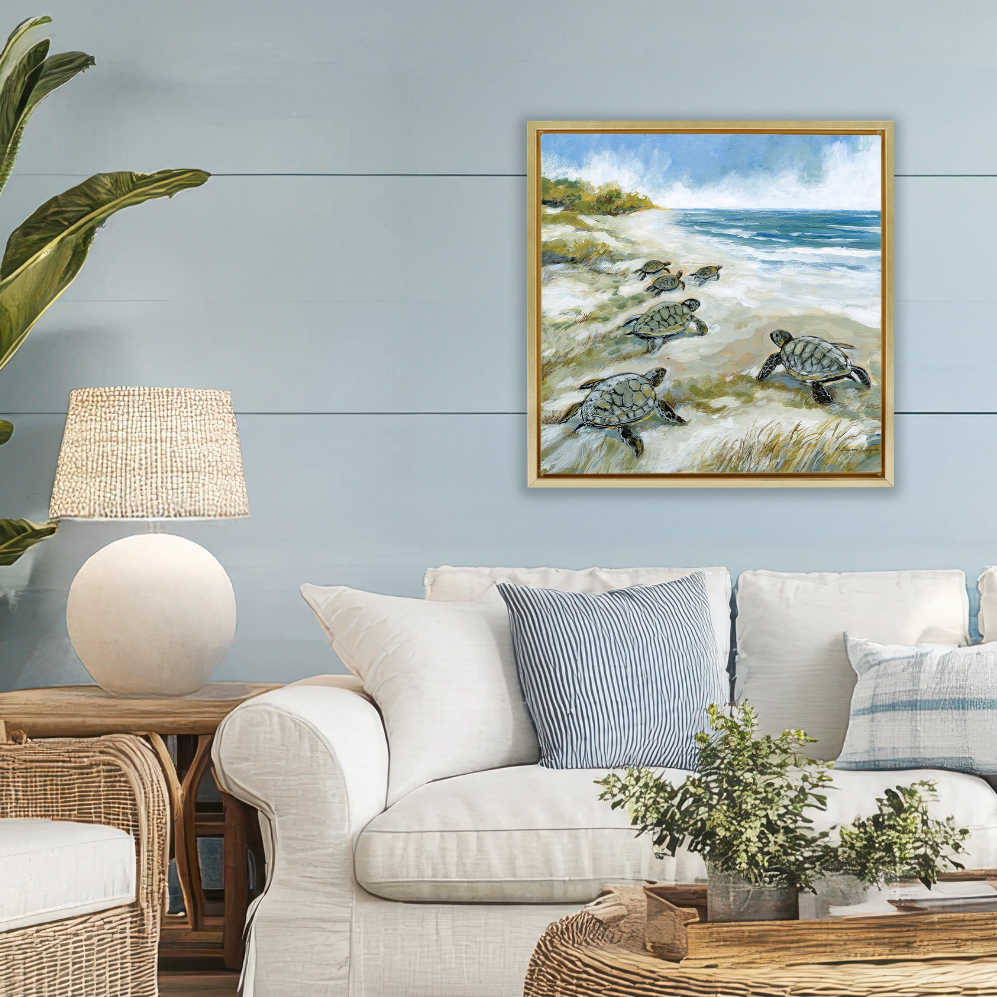 Stupell Industries Baby Sea Turtles on Beach Gold Framed Floater Canvas Wall Art, design by Susan Winget