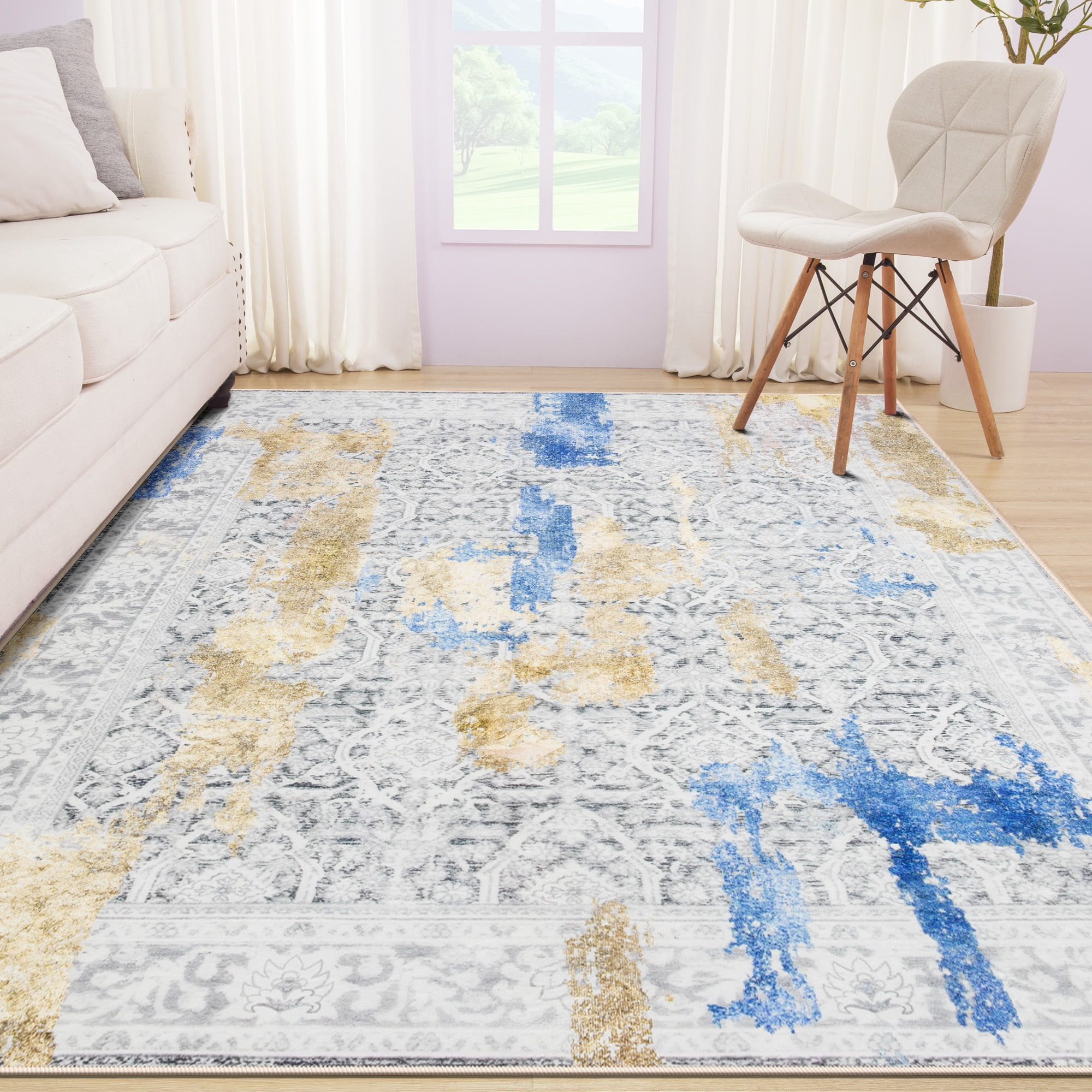 Wondo 6x9 Modern Abstract Area Rugs - Gold and Blue Low Pile Washable Carpet for Living Room, Bedroom, Nursery, Office, Kitchen - Non-Slip Stain Resistant Soft Rug for Indoor Use
