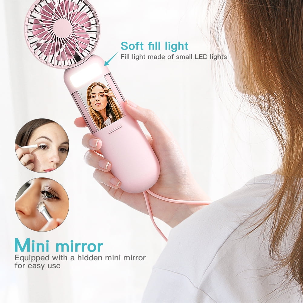 Lowestbest Mini Handheld Fan, 3 Speed Adjustable USB Rechargeable Desk Foldable Fan with Mirror & LED Fill Light Lowestbest Mini Handheld Fan, 3 Speed Adjustable USB Rechargeable Desk Foldable Fan with Mirror & LED Fill Light