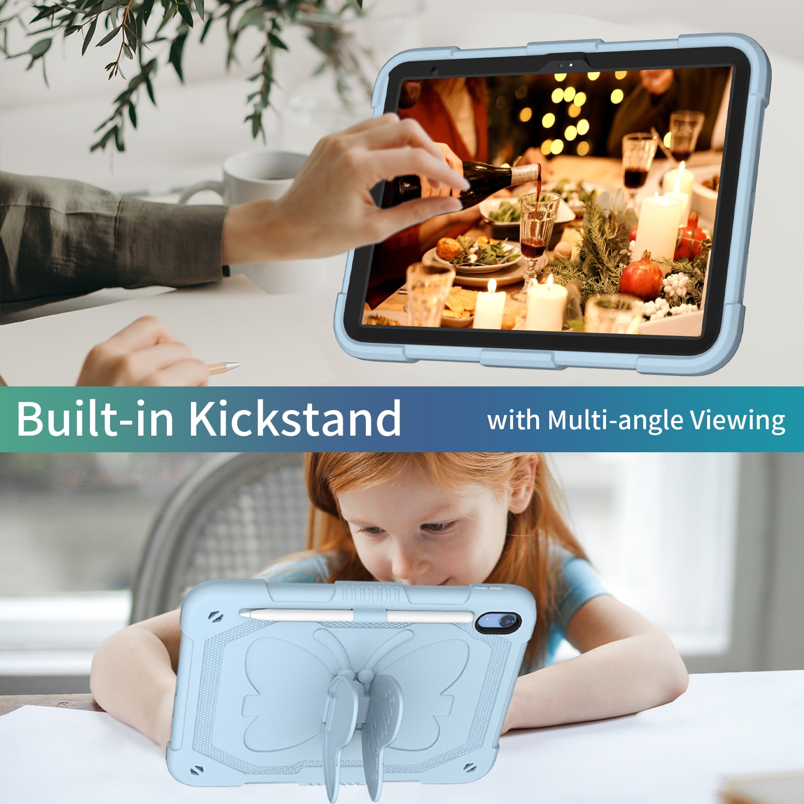iPad 10th Generation 10.9 Inch 2022 Case with Kickstand Butterfly Wings Pencil Holder, TECH CIRCLE Heavy Duty Hard Rugged Protective Kids Girls Cover for iPad 10th Gen 10.9 Inch 2022,Blue