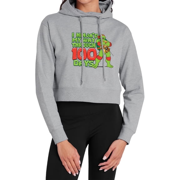 Teenage Mutant Ninja Turtles Ninja'd My Way Through 100 Days Women's Cropped Hoodie Pullover Sweatshirt, Athletic Heather, Small