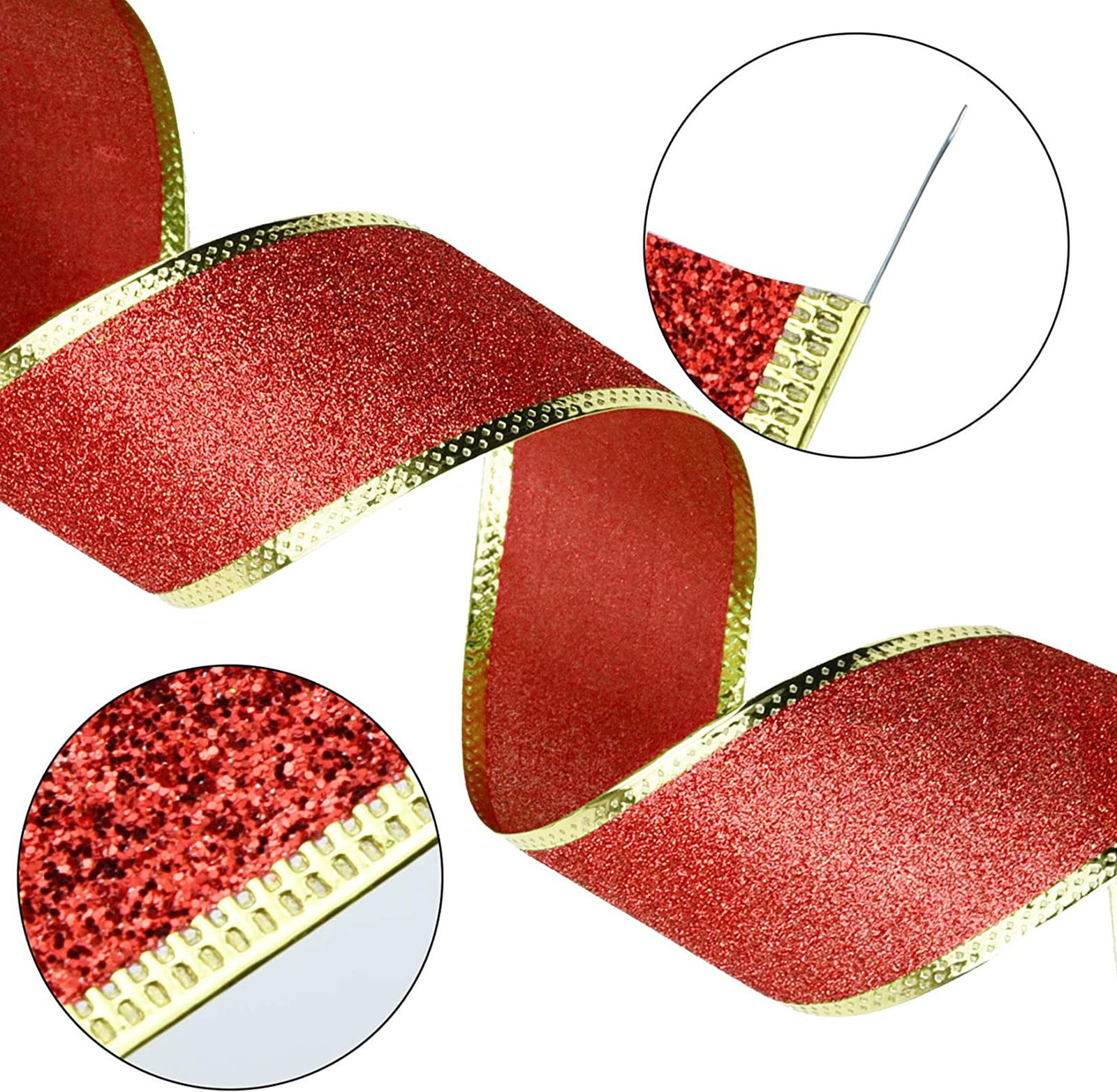 iOPQO 2PCS Room Decor Wide Shimmers Christmas Ribbon With Gold Wired Edge Glitter Metallic Gift Wrapping Ribbons For Xmas Gift Package Wrapping Winter Season Festival Diy Crafts Decor Home Decor