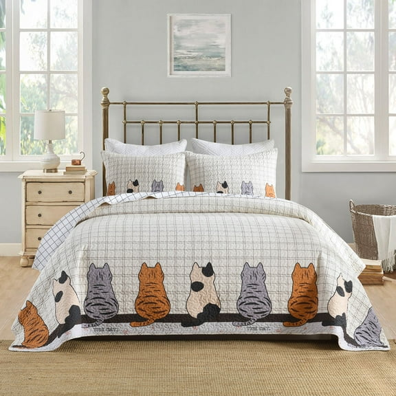 3 Pcs Elegant Cat Silhouette Checkered Queen/King Size Quilt Bedspread Set for All Seasons