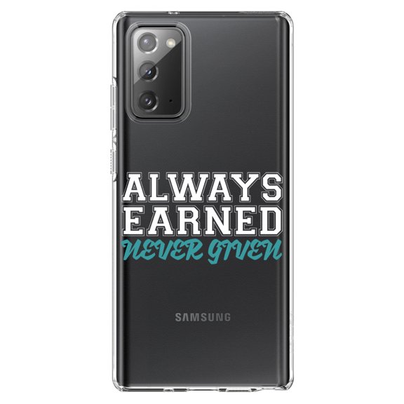 DistinctInk Clear Shockproof Hybrid Case for Samsung Galaxy Note 20 (6.7" Screen) - TPU Bumper Acrylic Back Tempered Glass Screen Protector - Always Earned Never Given