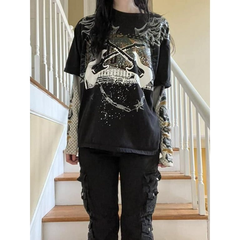 Grunge Gothic Kleding Voor Vrouwen Grafische Tees Y2k Fairy Lange Mouw Tops 2000 Baggy T-shirts Emo Esthetische Kleding, Grijs Zwart, S