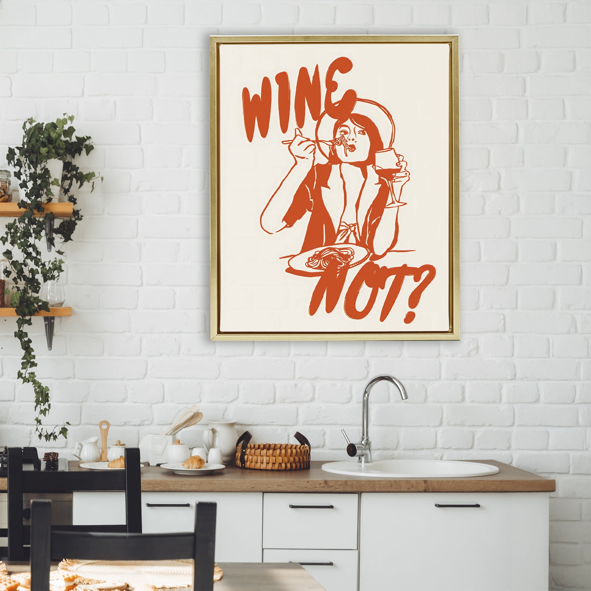 Stupell Industries Wine Not Retro Meal Time Gold Framed Floater Canvas Wall Art, design by The Prints Vibe